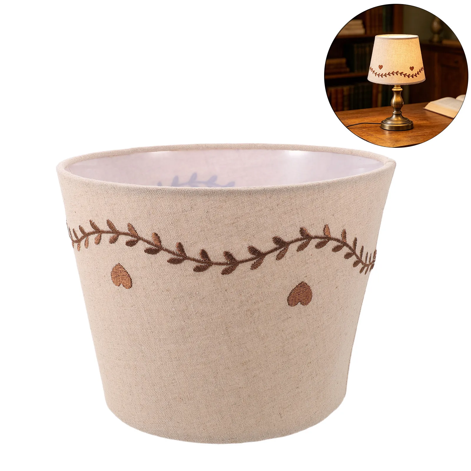 Linen Drum Lampshade Branch Embroidered Vine Trim Table Lamp Shade E27 E14 6.5 High 8.7 Bottom 6.5 Top Living Room Bedroom