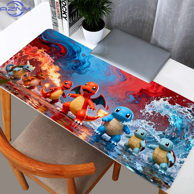 Pokemon Starters Red Blue Liquid Wave Large Mousepad, Rubber Non Slip Extended Gaming Desk Mat, Anime Cartoon Table Pad for Lapt
