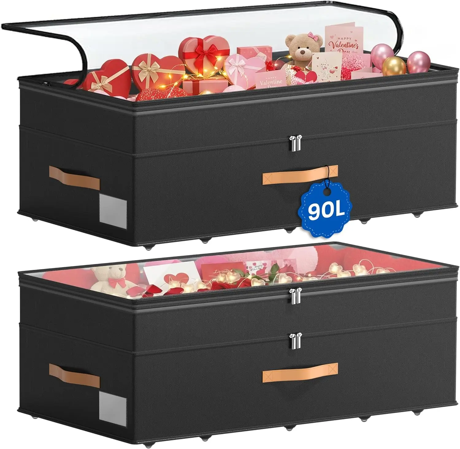 

2-Pack Underbed Storage Containers with Wheels, Adjustable Height, Clear Lids for Easy Access - Black