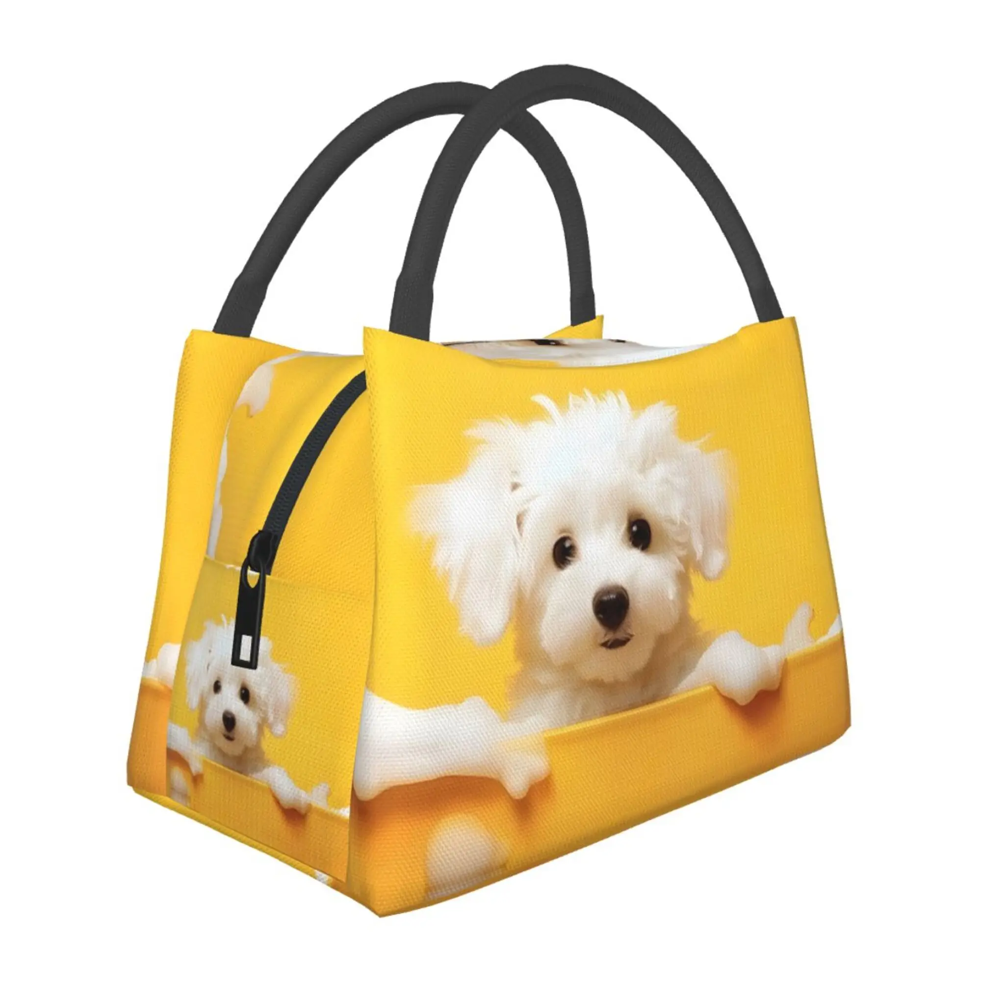 1 White Puppy Print Insulated Lunch Bag with Yellow Background - Reusable Insulated Picnic Bag, Tote Bag with Zipper