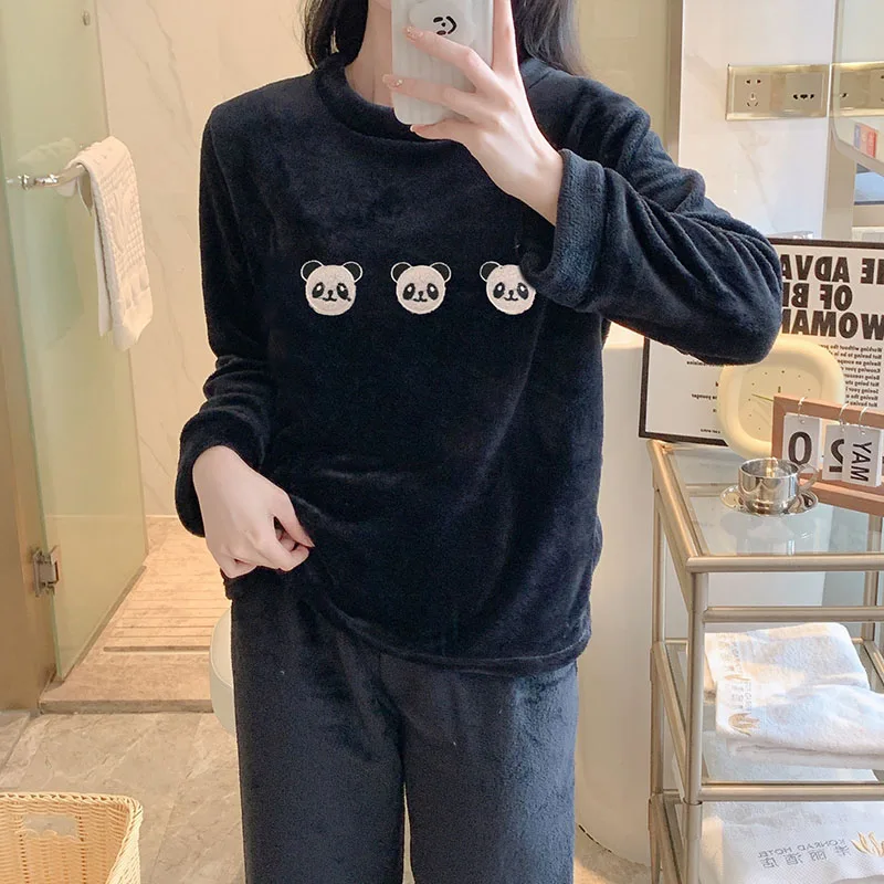Thickened Warm Sleepwear for Winter Women Pajamas Flannel Cartoon Panda O-Neck Coral Velvetplus Winter Pajamas Ladies Offer Xl