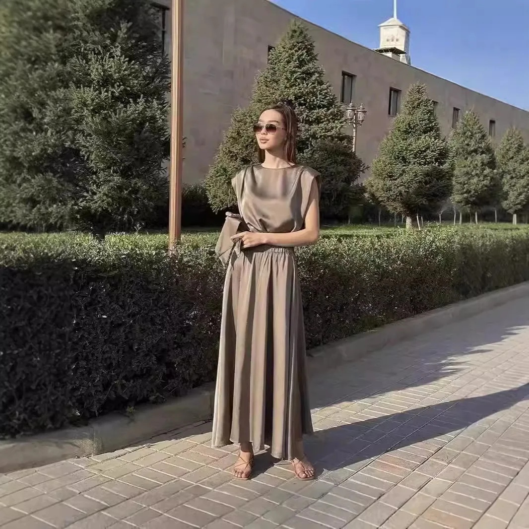 

Юбка, комплекты из 2 предметов, женский топ без рукавов, длинные юбки, ансамбль с круглым воротником, костюмы на шнуровке, 2025 темперамент, офисная женская одежда