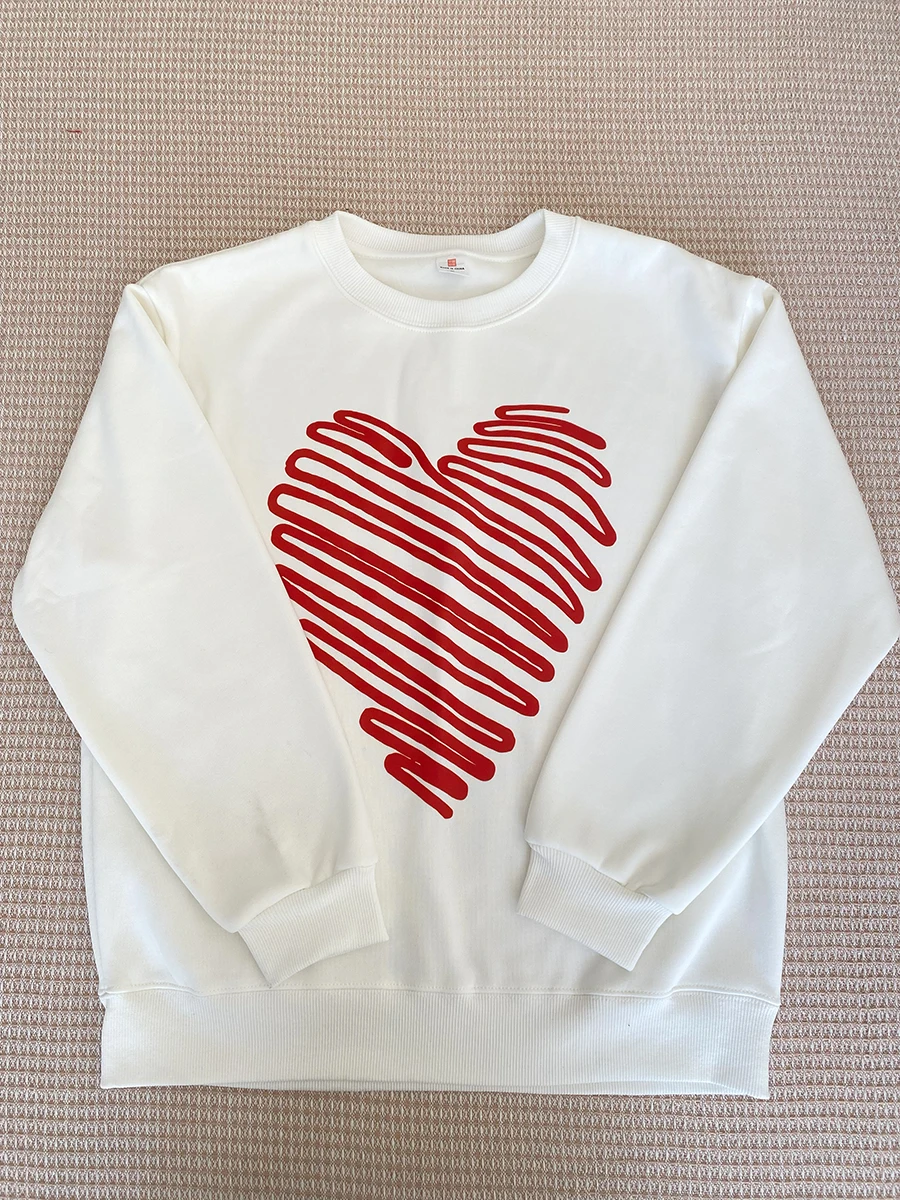 

Sweet Heart Print O-neck Sweatshirts Women's Autumn Casual Streetwear Long Sleeve Pullover Tops Vintage Preppy Style Hoodies Y2K