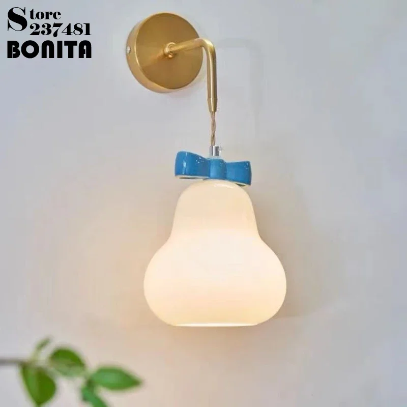 French Cream Bowknot Wall Lamp Kid's Room Bedside Bathroom Mirror Fishing Line Wall Light Lovely Snow Pear Glass Wall Sconce