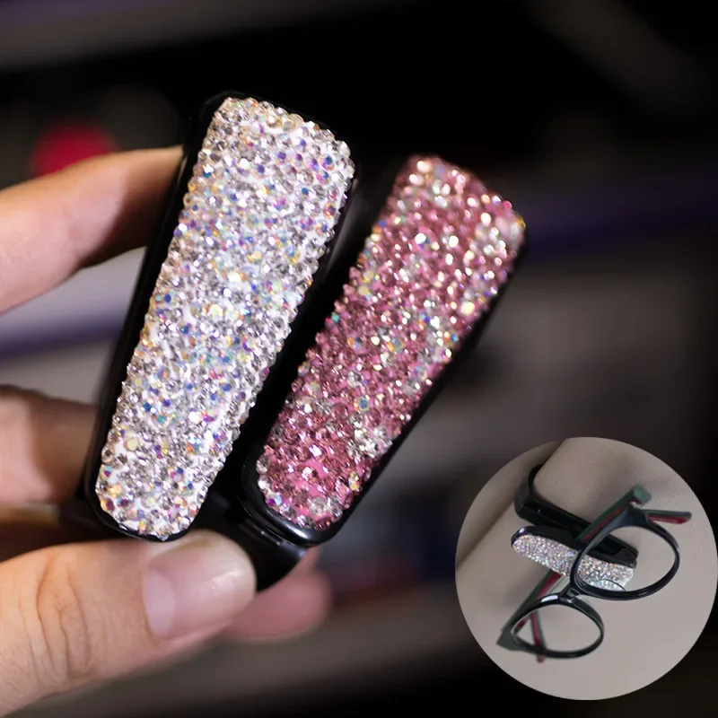 Luxury White Pink Shinning Crystal Car Sun Visor Glasses Case Sunglasses Ticket Receipt Card Clip Storage Holder