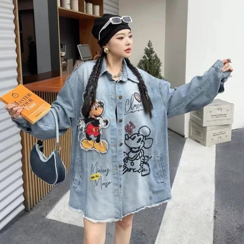 Retro Washed Denim Shirt High-end Sense Stacked Wearing Jacket Women's Autumn Medium And Long Trench Coat Oversized Cartoon Top