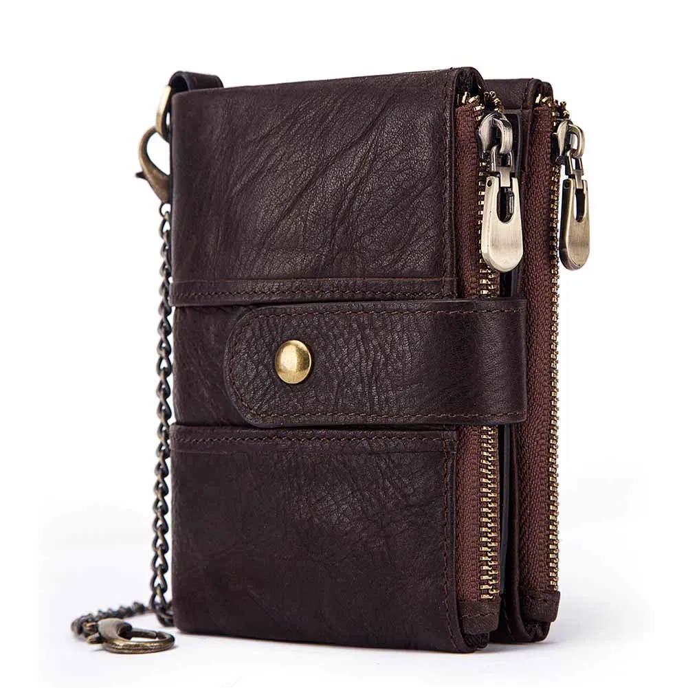 RFID anti-theft cash leather multi-functional zipper wallet with chains retro cowhide men's short purse coin wallet drop ship