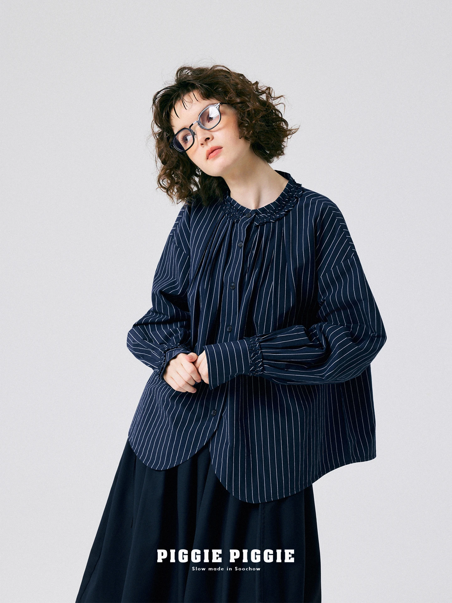 

Японская свободная рубашка с длинным рукавом PIGGIE PIGGIE из льняно-хлопковой смеси с цветочным декором на воротнике и полосатым узором, женская