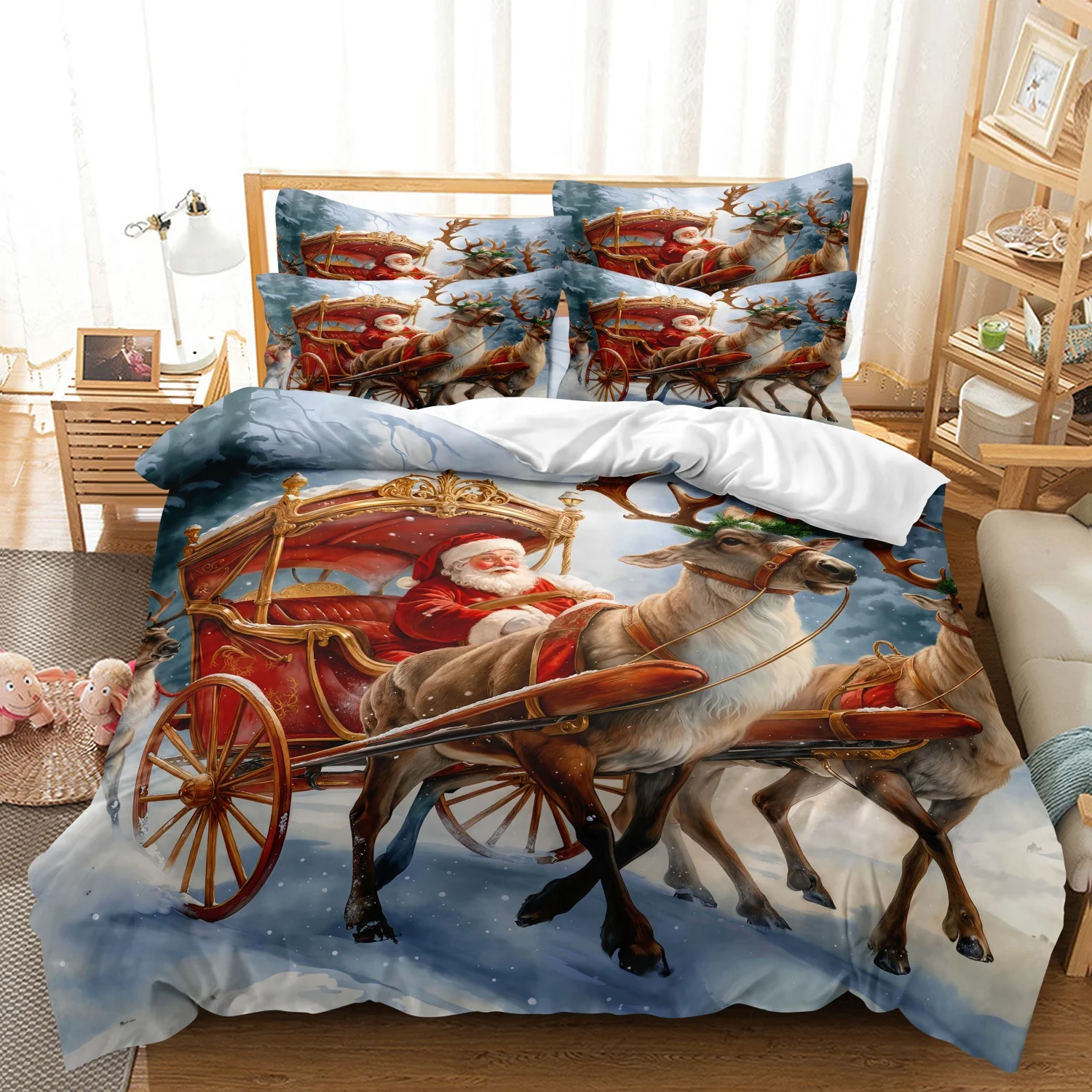 3pcs Vintage Santa Sleigh Reindeer Christmas Duvet Cover Set, Winter Snow Santa Claus and Reindeer Sleigh Pattern Bedding