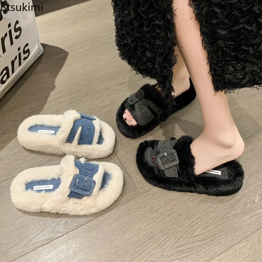 Zapatillas de felpa con suela gruesa para mujer, zapatos planos informales cálidos, chanclas de piel, otoño e invierno, 2024