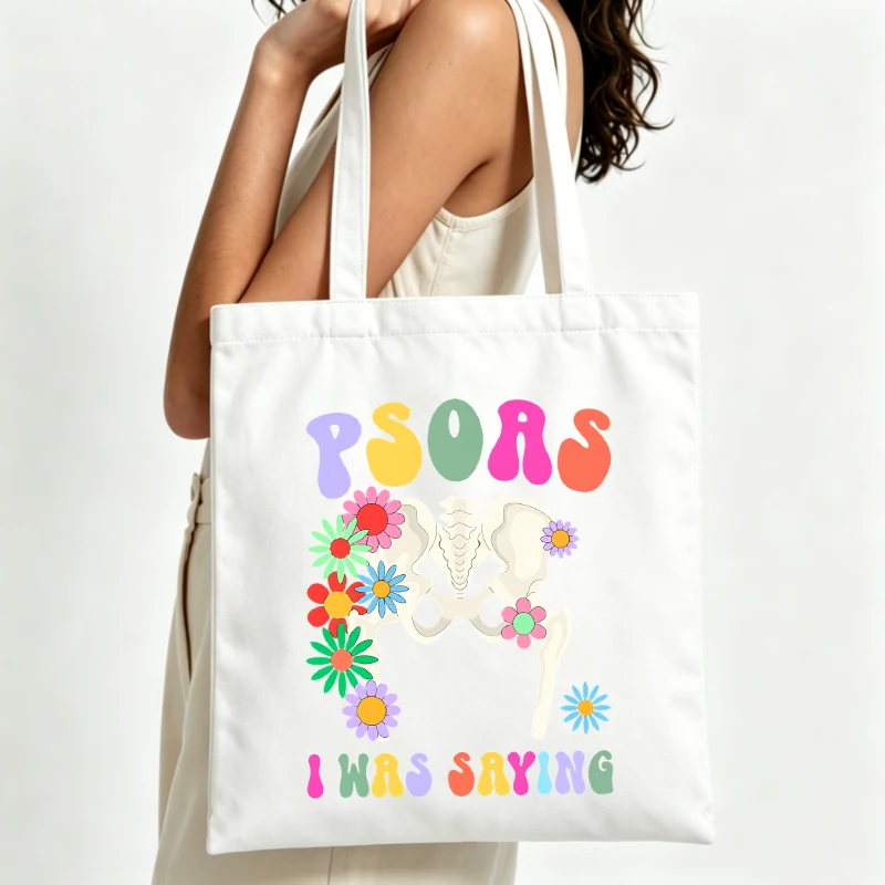 Women's floral skeleton graphic canvas tote bag with letter print, perfect for casual daily use and summer outings