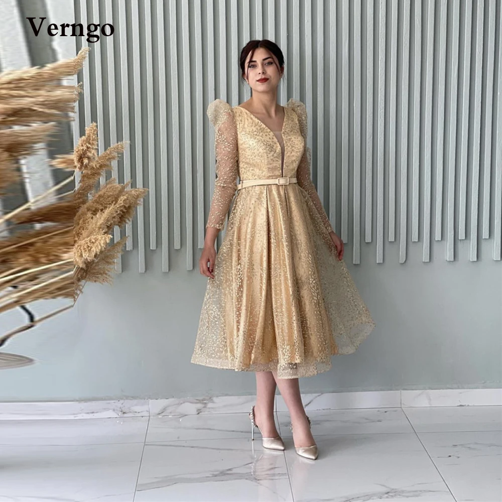 

Verngo Champagne A Line Short Prom Dresses Long Sleeves V Neck Tea Length Evening Party Gown Party Formal Graduation Dress