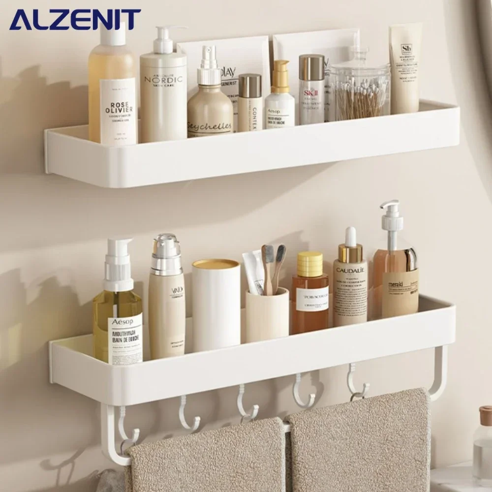 Bathroom Accessory Shelf Cream Kitchen Organizer Wall Mounted Shower with Hooks and Rod Toilet Shower Gel Collection Shelf