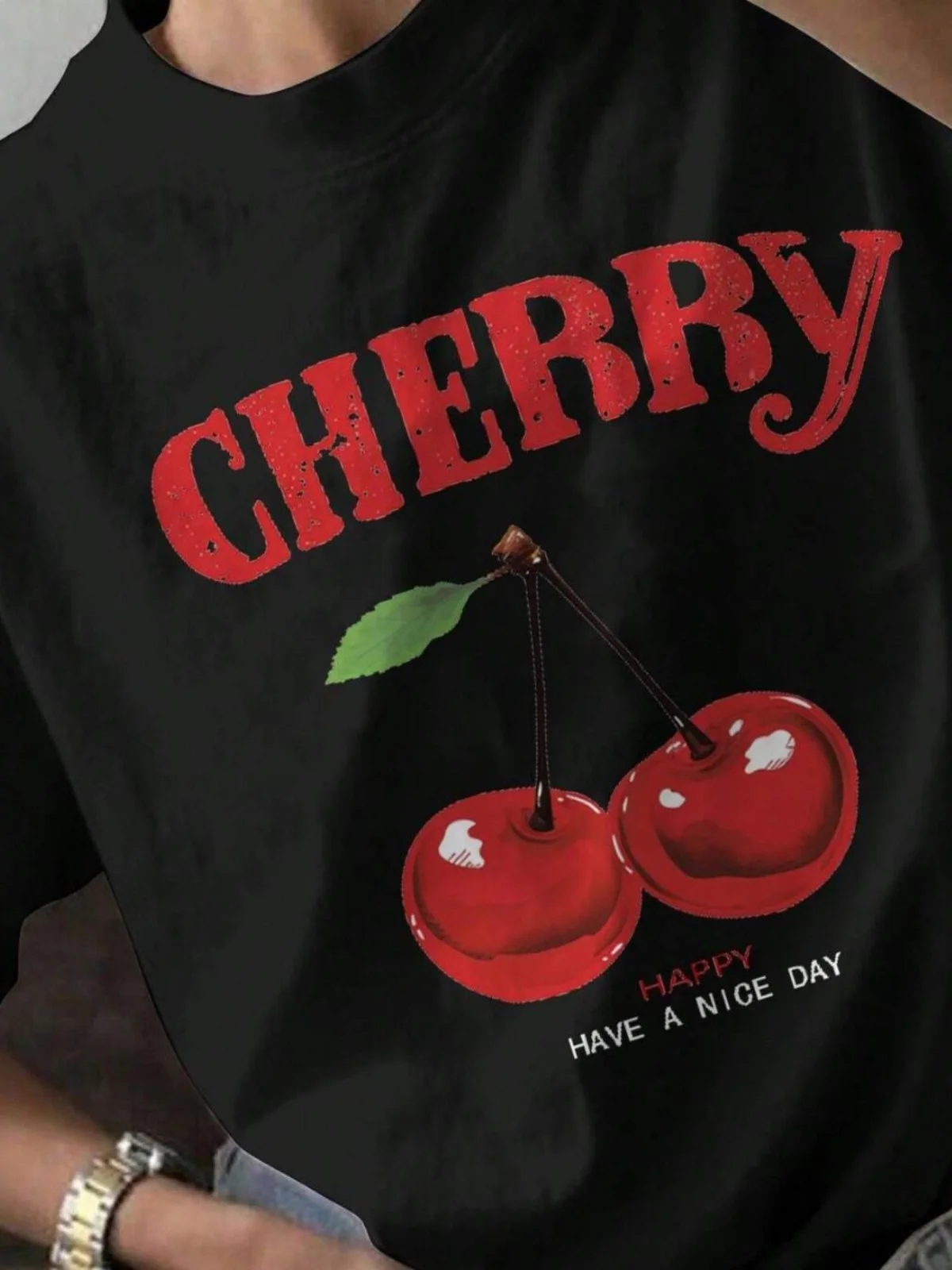 チェリープリントラウンドネック半袖ストリートスタイルルーズフィットTシャツレディースサマーカジュアルシャツ8-35歳