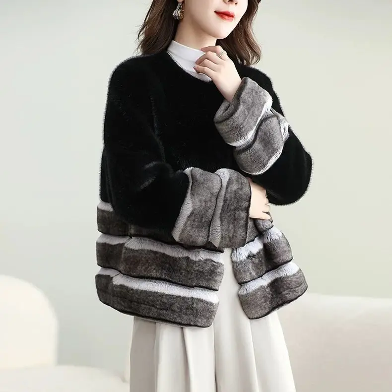 Winter Women Faux Mink Fur Contrast Color Striped Coat Eco-Friendly imitation Fox Fur Bomber Jacket Flocking Parka Cardigan Tops