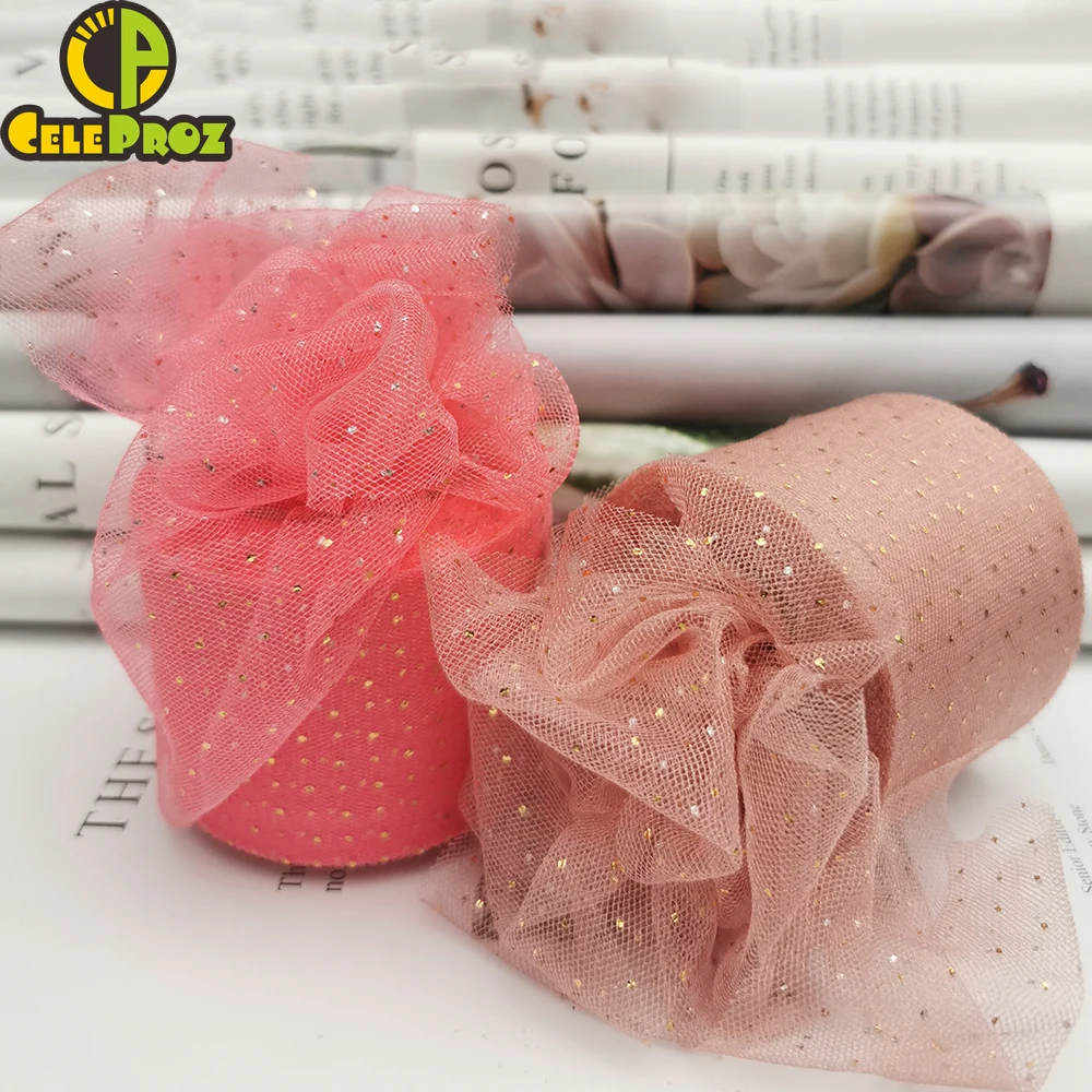 6Cm 25Yards Golden Gestippelde Tule Lint Glitter Organza Mesh Stof Film Diy Craft Accessoires Haar Clip Bowknots Naaien materiaal