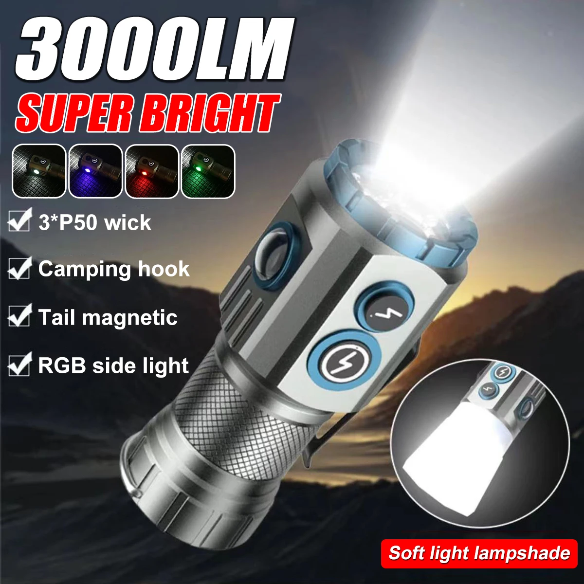 Powerful Mini LED Flashlight with RGB Light Al Alloy Pocket Torch Rechargeable Waterproof Hiking Camping Flash Light with Magnet