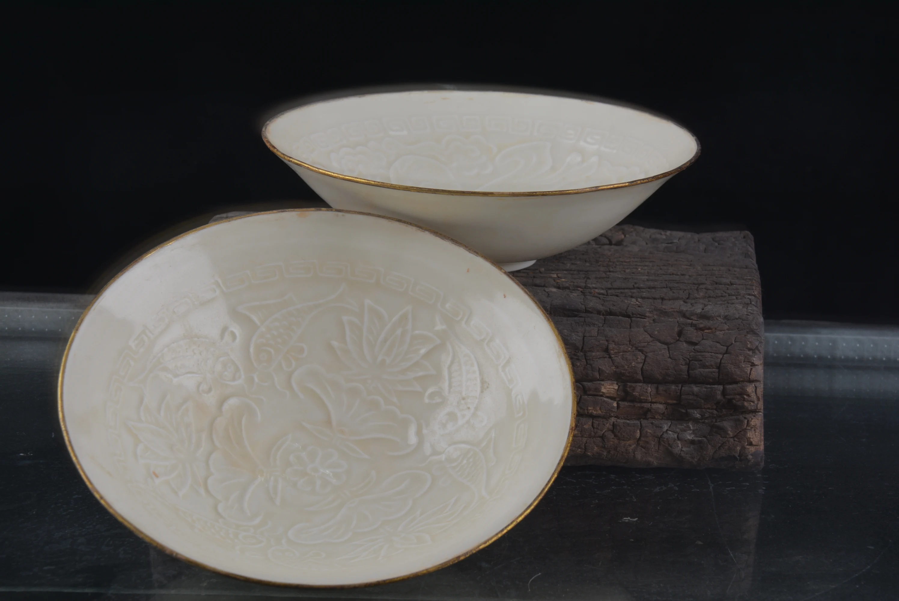 Antique SongDynasty porcelain Thin-walled bowl,Ding KILN,Hand-painted crafts,Collection&Adornment,#01,rim is inlaid with brass