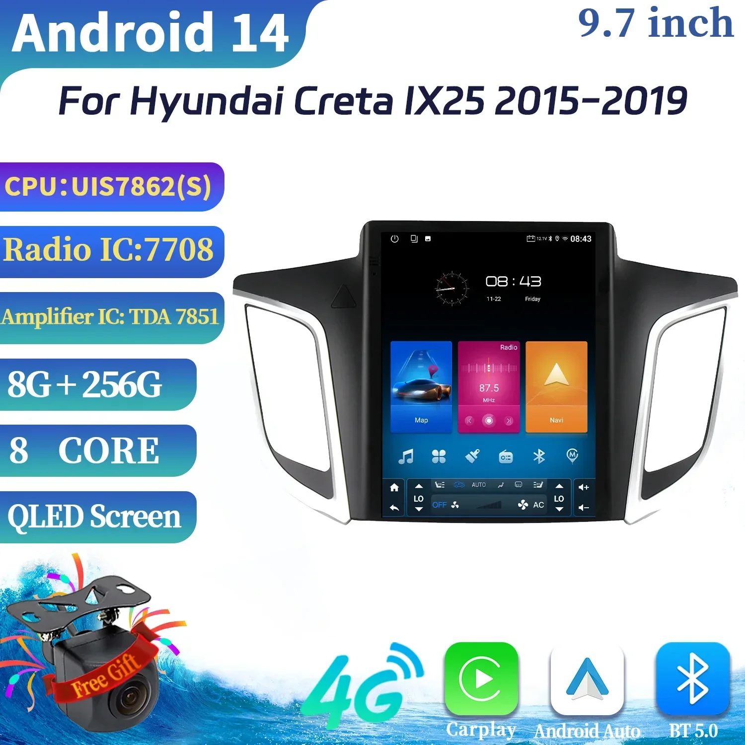 9.7inch For Hyundai Creta IX25 2015-2019 Car Radio Multimedia Video  Navigation 4G GPS Android 14 Wirelss CarPlay Screen 5G WIFI