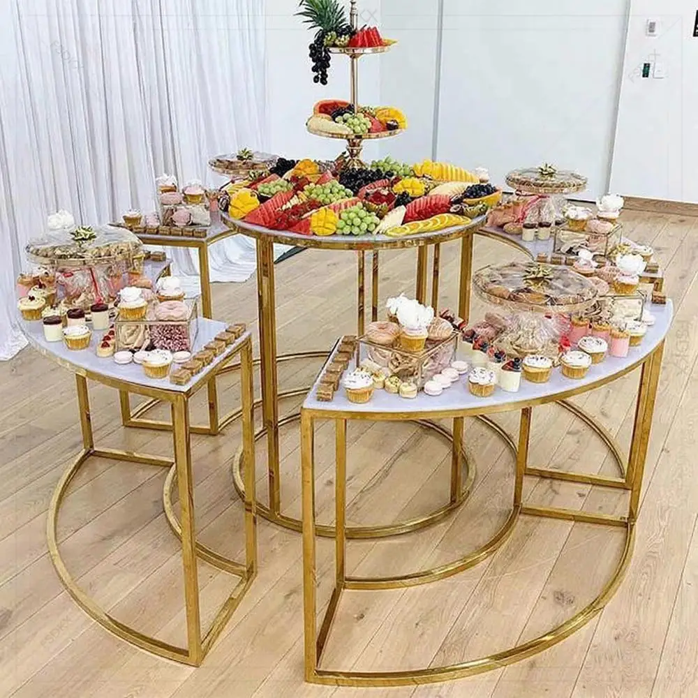 FSDKX Furniture Dinner Dessert Cake Table Gold Stainless Steel Wedding Round Buffet Table