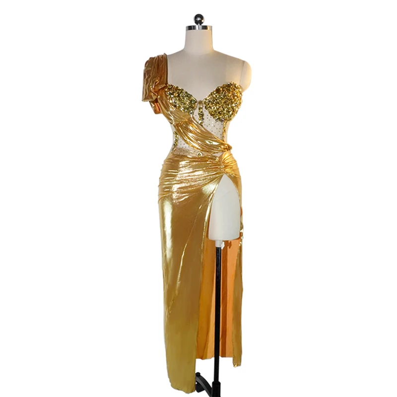 Fashion Gold Rhinestone Evening Dress Sexy Top And Skirt Sets Sequin Crystal Birthday Party Club Adult Stage Performance Costume