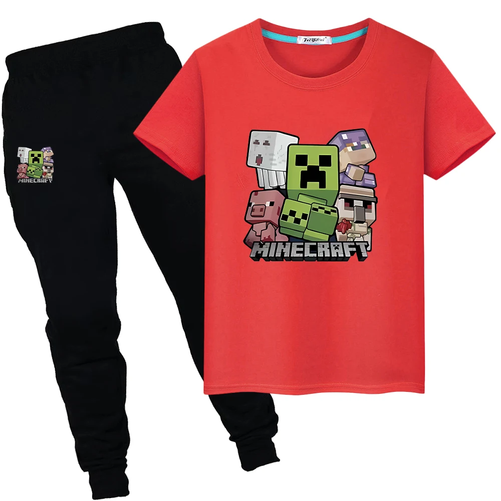 

Minecraft Summer Print 100%Cotton Cute T-shirt 2pcs Sports Sets Kawaii Short+pant Anime Tees kids holiday gifts boy girl clothes