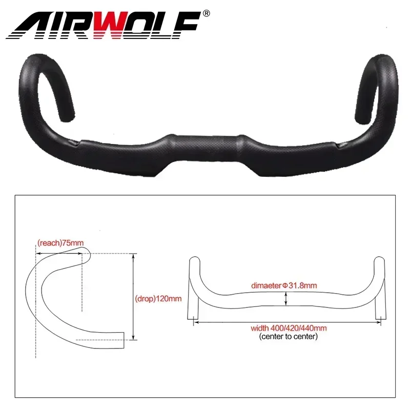 Airwolf 400/420/440mm Carbon Road Handlebar 31.8 Bicycle Winding Handlebars Carbon Fiber Cycling Handlebars Road Bike