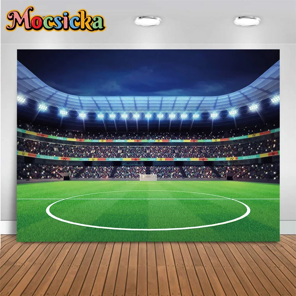 

Mocsicka Royal Football Player Theme Birthday Decoration Background Green Field Lights Boy Party Banner Backdrop Prop Photobooth