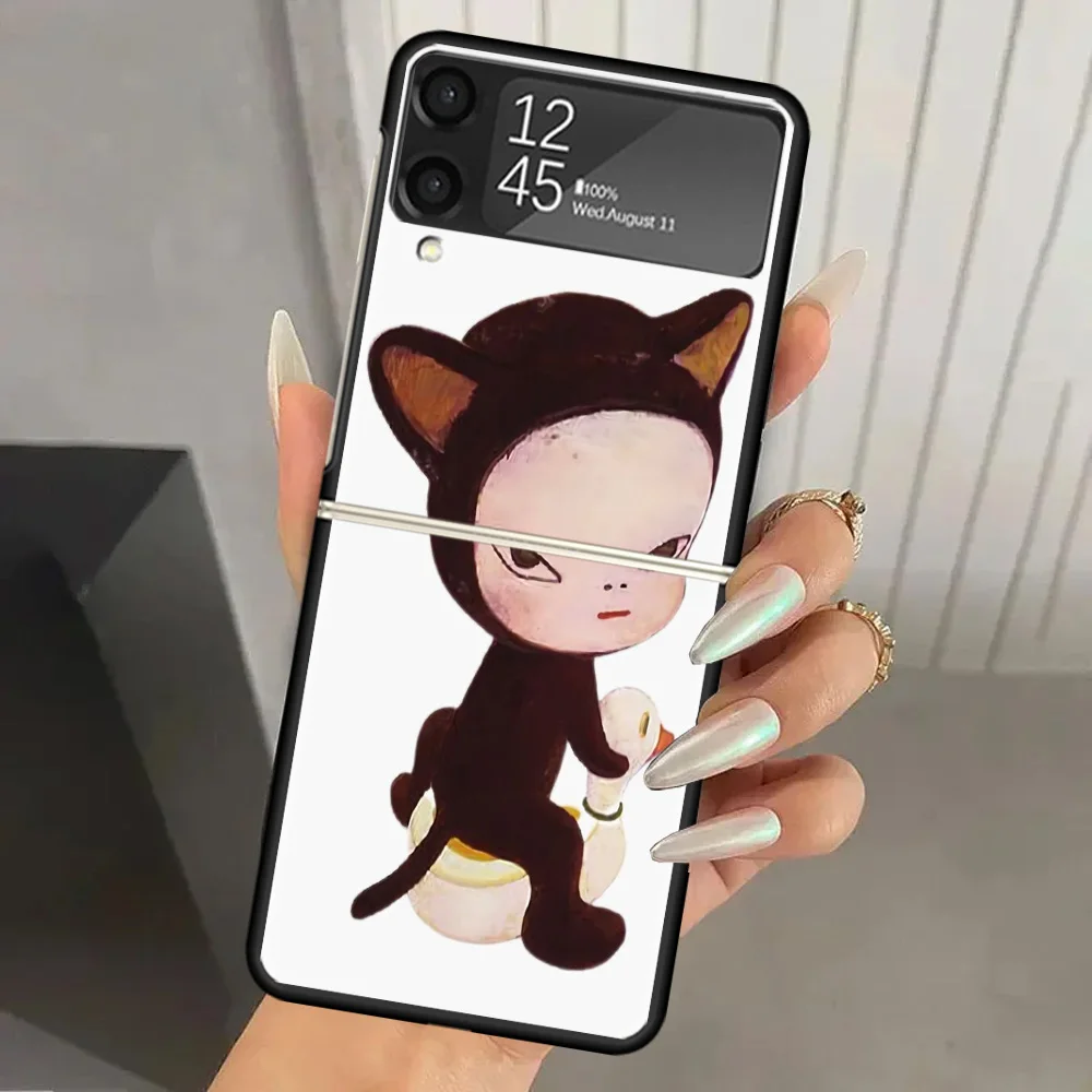 Y-Yoshitomo Nara Hard PC Phone Case For Samsung Galaxy Z Flip 7 6 5 4 3 Black ZFlip7 ZFlip6 Flip5 Flip4 Flip3 5G Print Cover