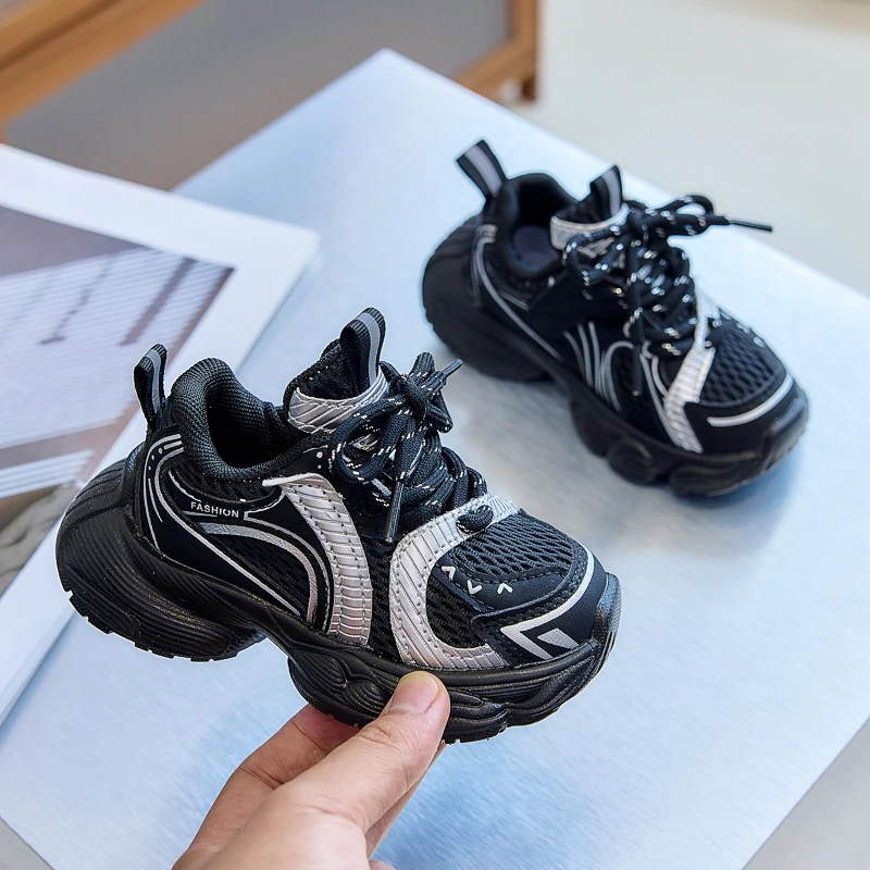 Kids Breathable Mesh Chunky Sneakers Color Block Lace Up Non Slip Thick Sole Three Tone Toddler Daily Sport Walking Footwear