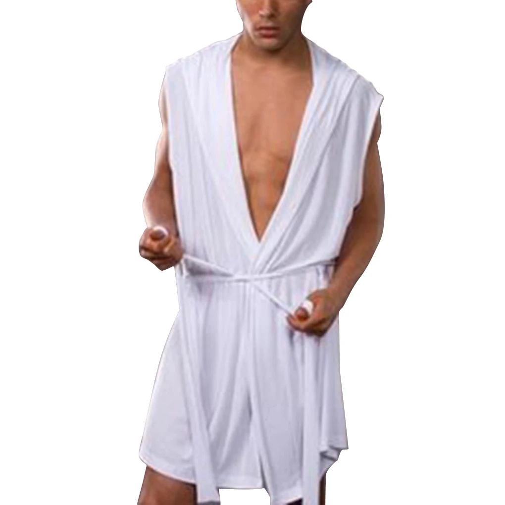 

Men Summer Bathrobe Silky Hooded Sleeveless Bathrobe Sleepwear Pajamas
