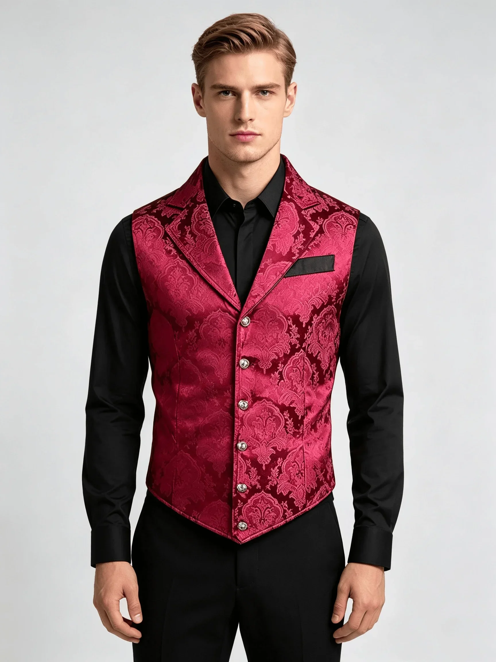 Men Victorian Gothic Jacquard Waistcoat, Lapel Single Breasted Suit Vest, Steampunk Wedding Groom Formal Party Cosplay Vest