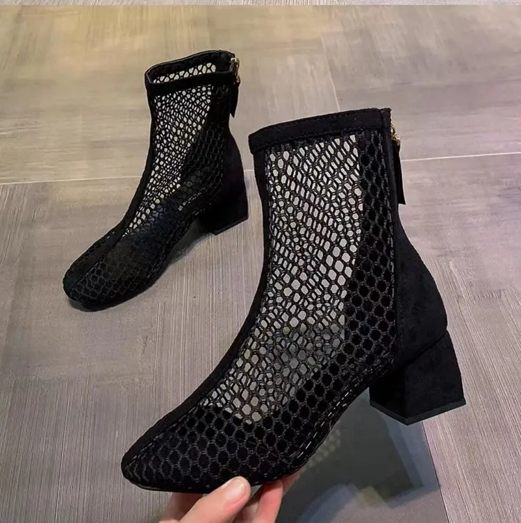 2023 New Air Mesh Net Bling Women Shoes Summer Ankle Boots Thin High Heels Sexy Sandal Chelsea Boots Female