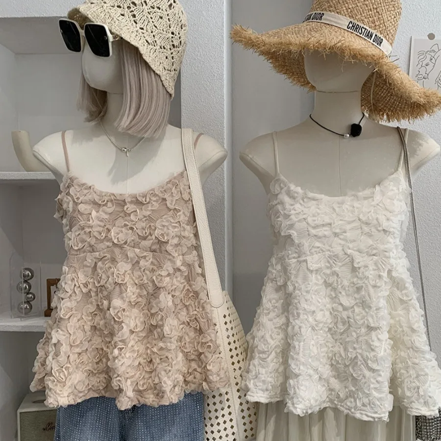 

【New style】Omalai design three-dimensional flower decorative halter vest spring and summer slim slimming sleeveless top 6933