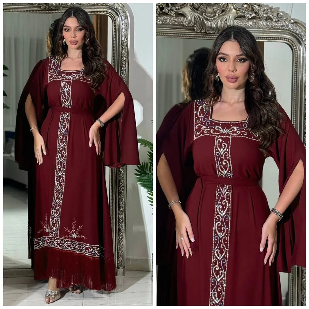 Eid Mubarak Moslim Vrouwen Abaya Maxi Jurken Jalabiya Diamanten Kwastje Gewaad Ramadan Dubai Islam Kaftan Caftan Party Avondjurk