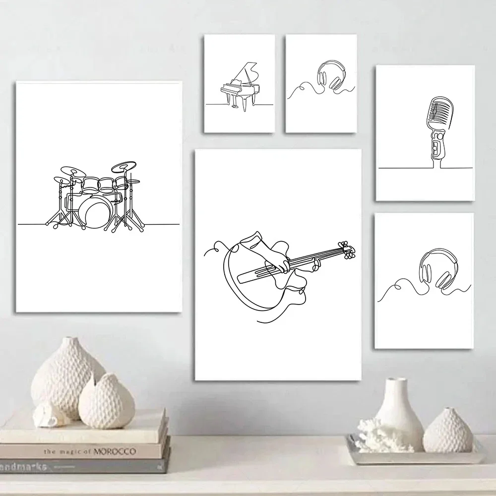 Abstract Piano Headset Microphone Guitar Line Posters Wall Art Canvas Painting Minimalist Print Pictures Living Room Home Decor