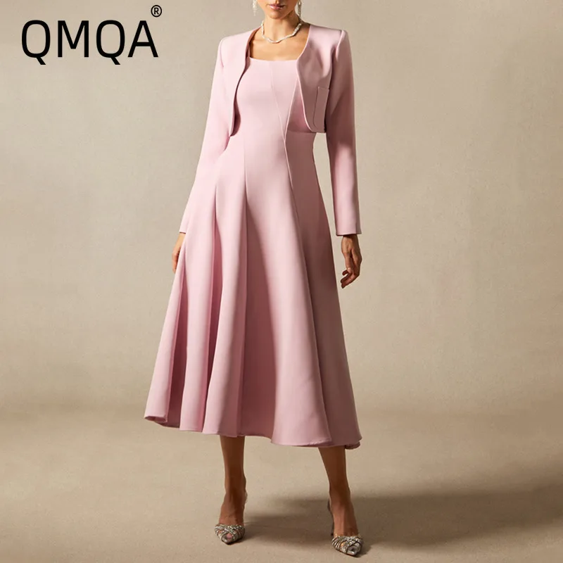 QMQA أزياء المرأة الأنيقة قطعتين مجموعات س الرقبة طويلة الأكمام معطف فوقي ساحة الرقبة أكمام أطقم فساتين 2025 الخريف QM897