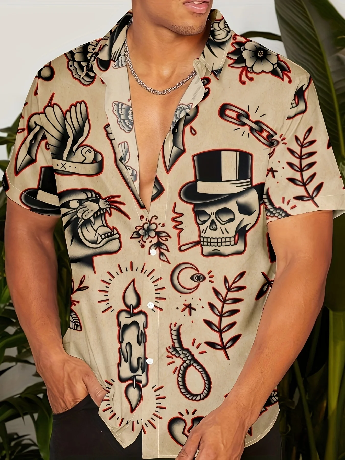 Men Short Sleeve Button Down Shirt Beige Skull Tattoo Style Print Polyester Casual Halloween Holiday Blouse