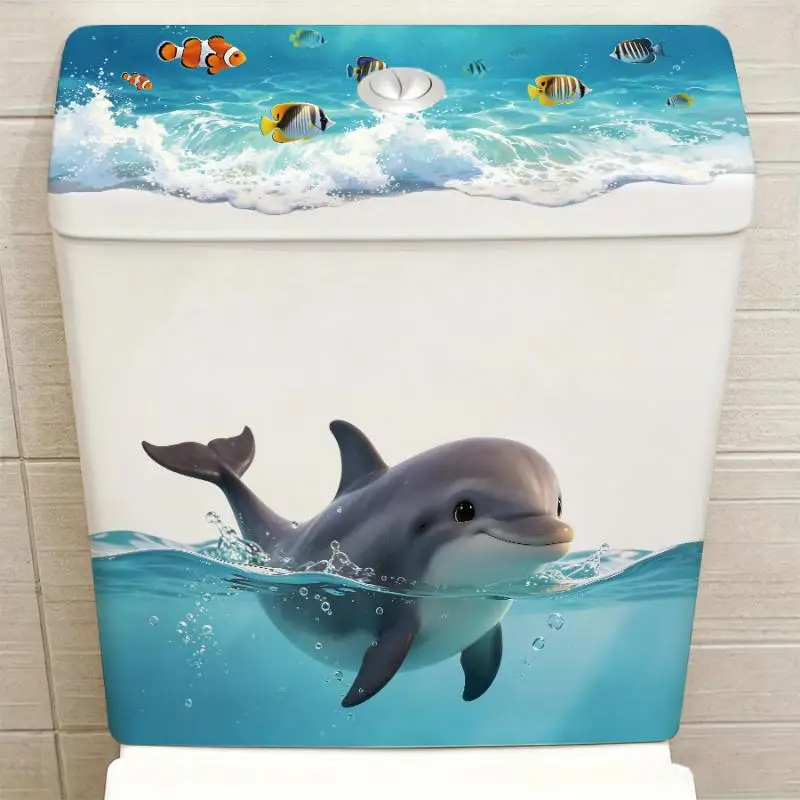 Cute Dolphin Toilet Tank Sticker Ocean Wave Vinyl Decal Bathroom Decor Adhesive Home Decoration Accessory