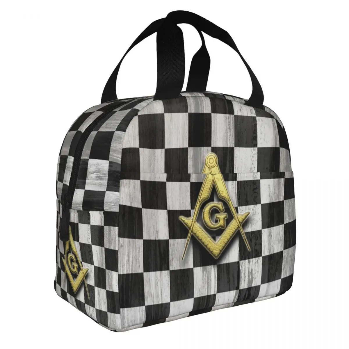 Square Compass And Checkers Insulated Lunch Tote Bag for Women Masonic Freemason Resuable Cooler Thermal Food Lunch Box