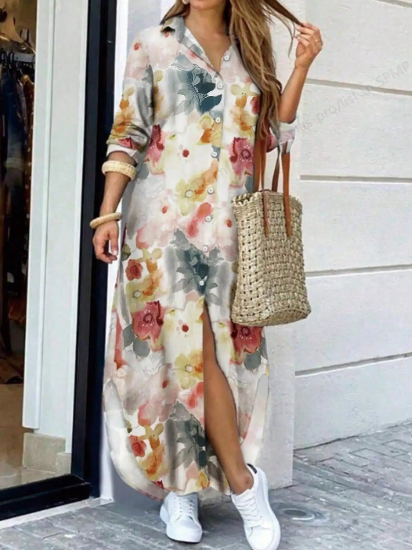 Summer Loose-Fitting Printed Shirt Dress for Women, Long Dress with Lapel Collar and Button-Up Cardigan Style, Casual Vacation Beach Commute Outerwear Dress view 3