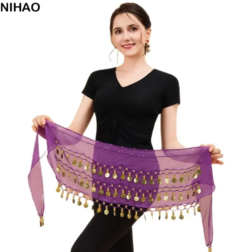 Écharpe de hanche de danse du ventre, pièces de monnaie de couleur or, matériau en mousseline de soie réglable, écharpe de hanche, ajustement confortable, facile à porter