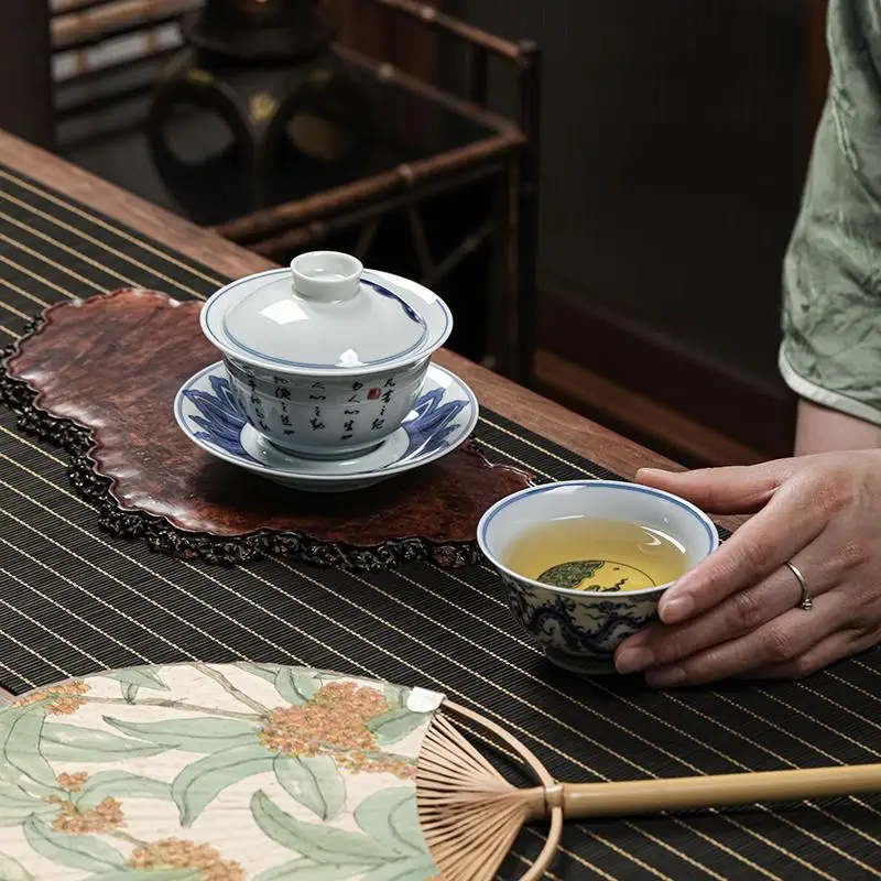 Jingdezhen Blue and White Porcelain Gaiwan Retro Vintage Mud Cover Bowl Handmade Peking Opera Makeup Hua Dan