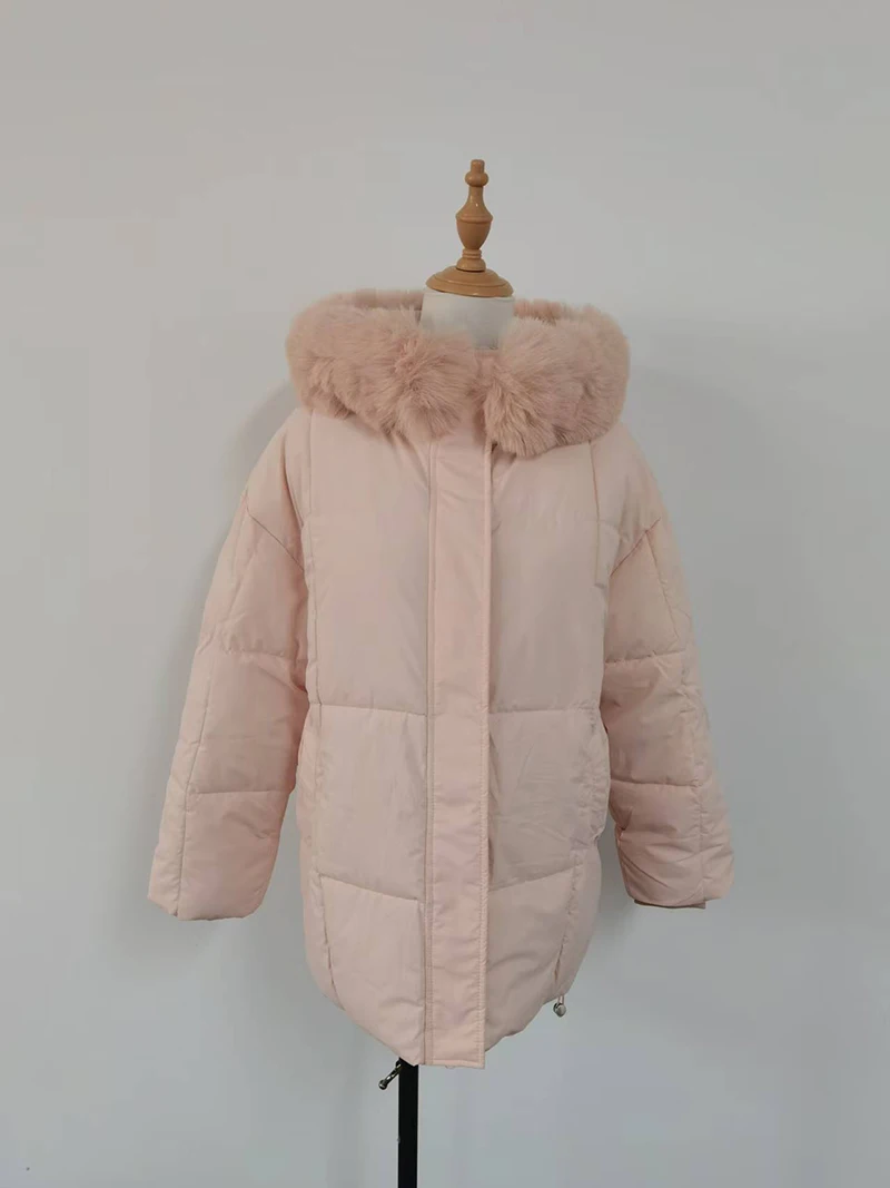 Women Winter Hooded Pink Puffer Jacket Long Cotton Coat With Thick Fur Trim Warm Parka