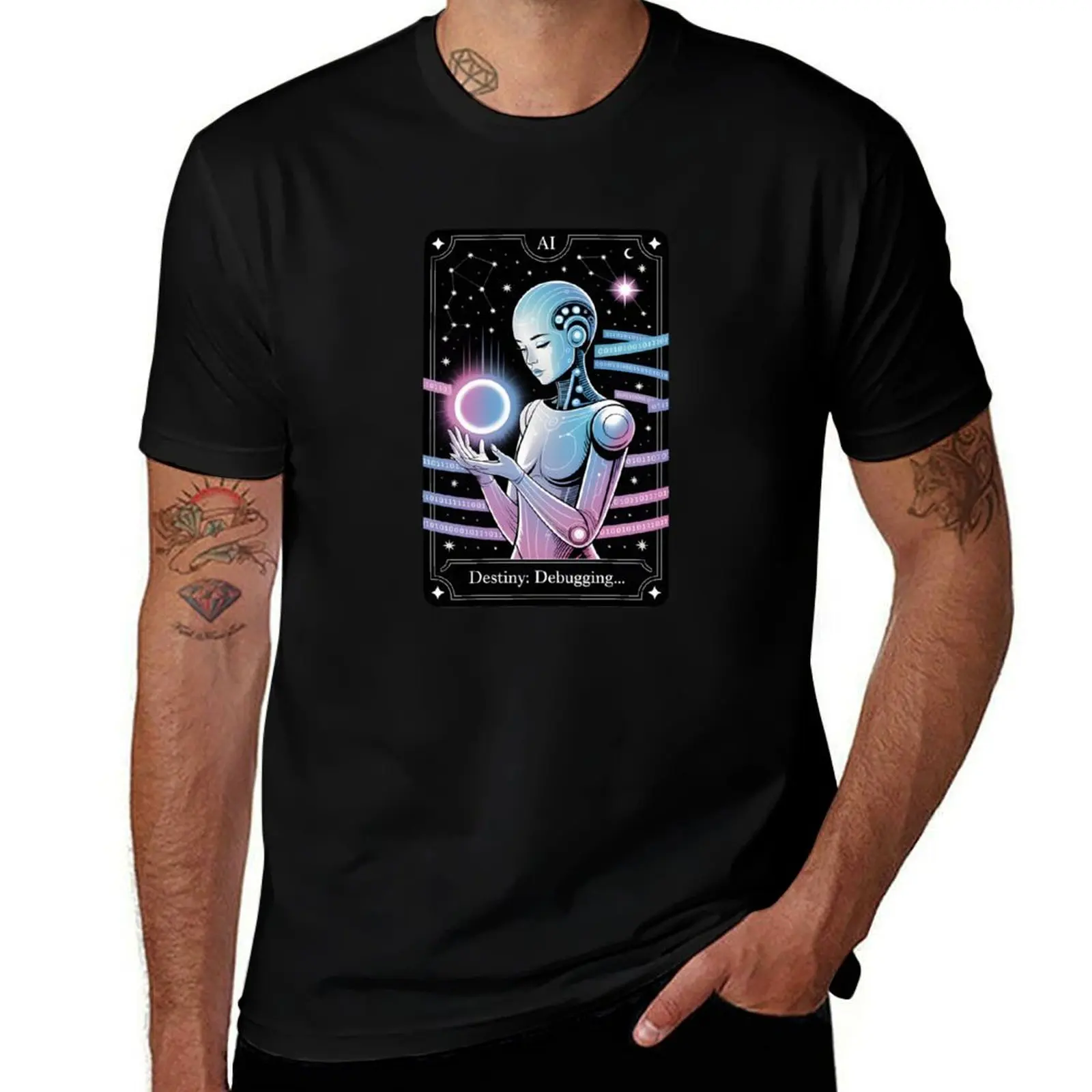 

Futuristic AI Robot Tarot Style T-Shirt – Destiny Debugging Cyber Oracle T-Shirt luxury designer blacks mens clothing