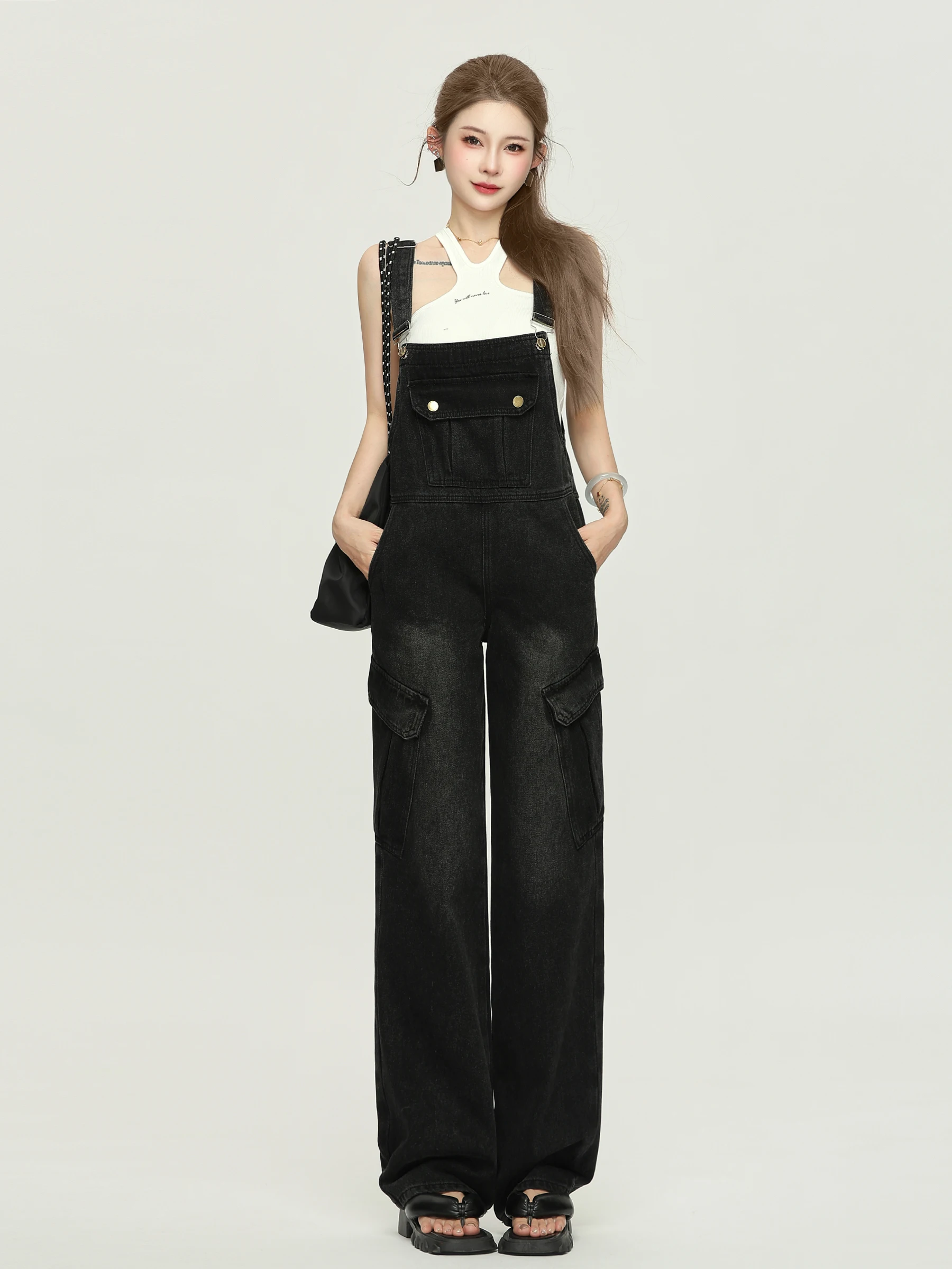 

Американские ретро-джинсовые комбинезоны для женщин: весенне-осенние, свободные, скрывающие недостатки фигуры, прямые, широкие, длинные брюки