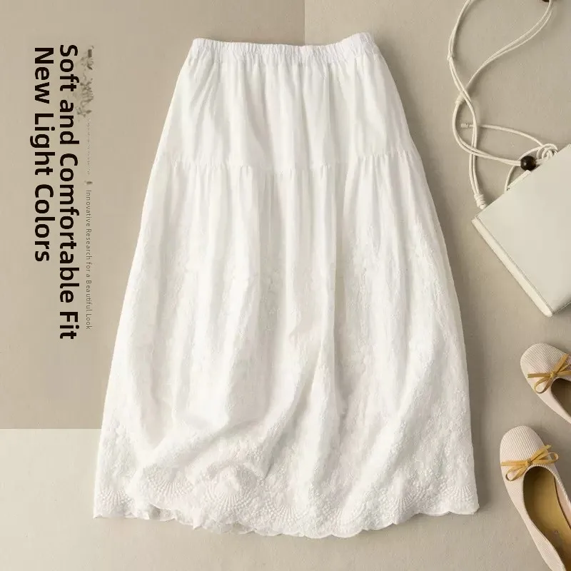 

Pure Cotton Embroidered A-Line Skirt High Waist Midi Skirt Retro Sle Spring Summer New Arrival Women's Faion Artistic