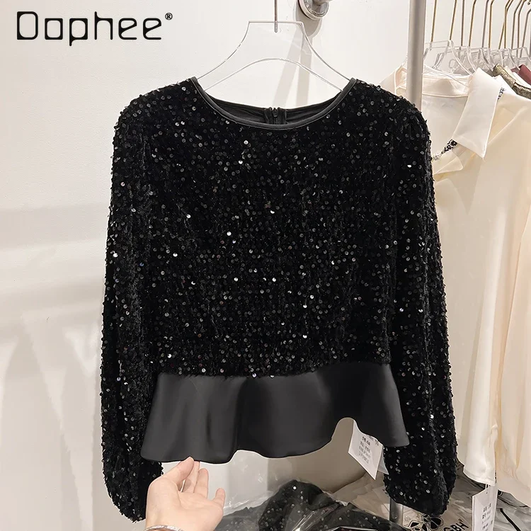 

Black Sequined T Shirt for Women Round Neck Long Sleeve Splicing Pullover Slim Short Tops Female Clothing Trendy Autumn New