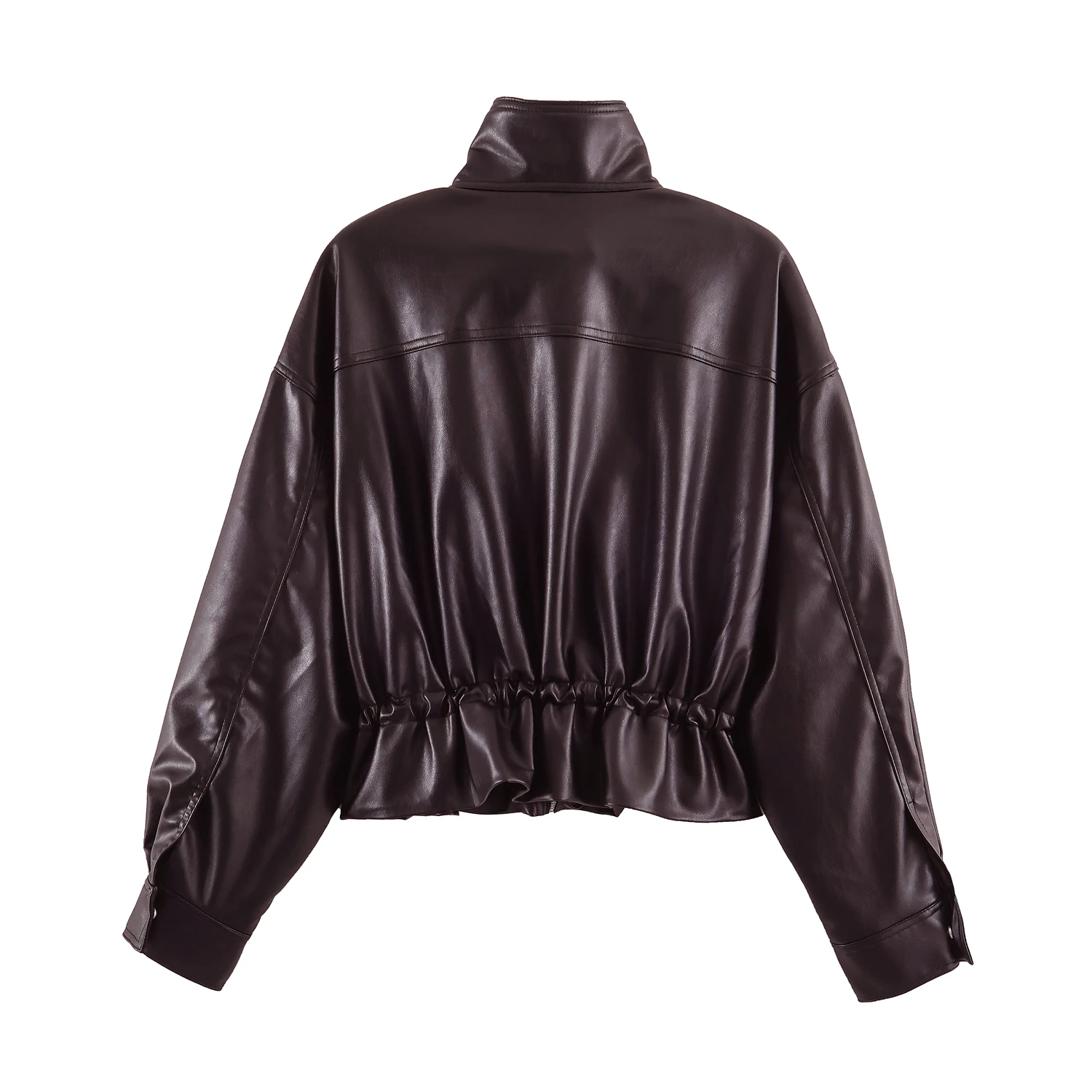 BSAY Streetwear Damen Kunstleder-Optik Jacke Stehkragen Verstellbare Geraffte Taille Mehrere Taschen Übergroße Kurze Außenjacke – Detail 6