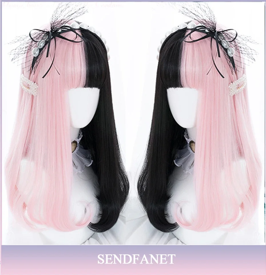 AS lange rechte zwarte synthetische pruik voor vrouwen met pony zwarte cosplay lolita pruiken hittebestendig natuurlijk haar